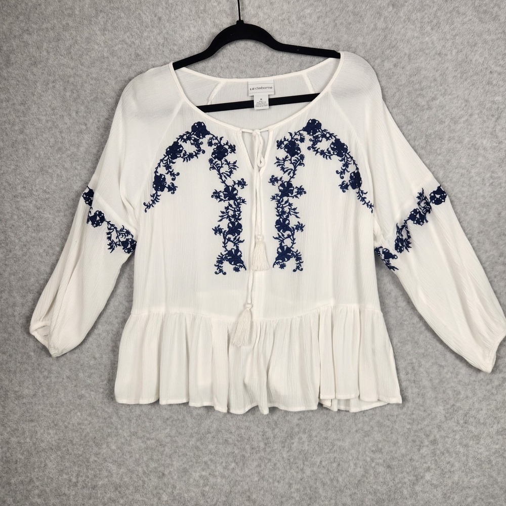Liz Claiborne Blouse Womens Medium White Blue Embroidered Peasant Boho Top Rayon